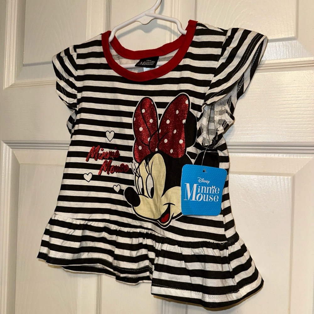 NWT Disney Minnie Mouse 3T T-shirt  Toddler Tee Black/White Stripe Peplum Bling